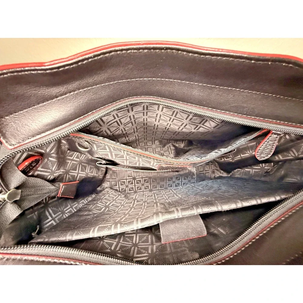 Lodis Black Red Edging Genuine Leather Large Tablet Tote Bag RFID & Cosmetic Bag